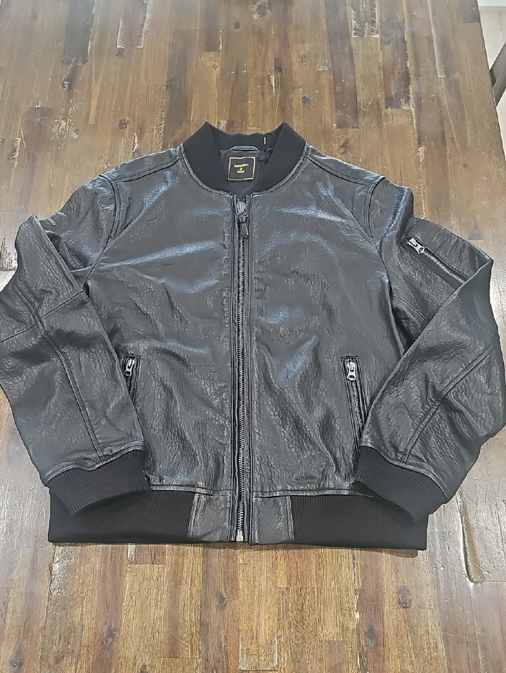 Superdry Men's Black Leather-Style Bomber Jacket - Sleek Zip Front NWT